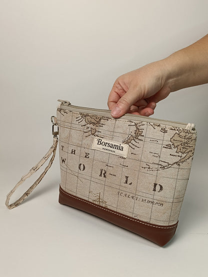 ELENA - Pochette da Polso Mappa Vintage e Pelle Sintetica Marrone - Prodotto artigianale