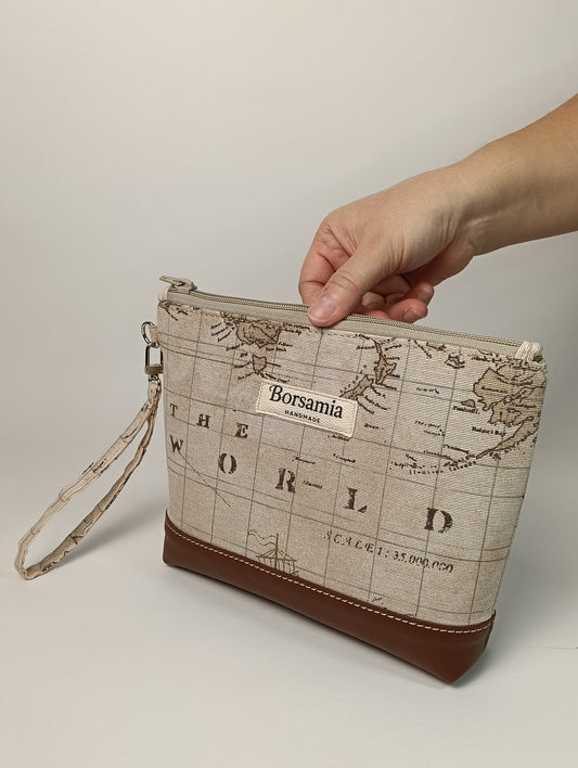 ELENA - Pochette da Polso Mappa Vintage e Pelle Sintetica Marrone - Prodotto artigianale