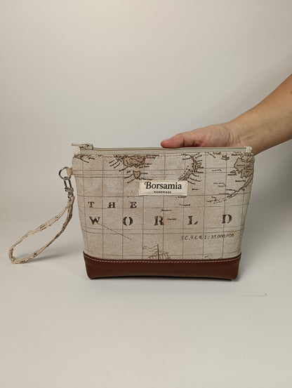 ELENA - Pochette da Polso Mappa Vintage e Pelle Sintetica Marrone - Prodotto artigianale