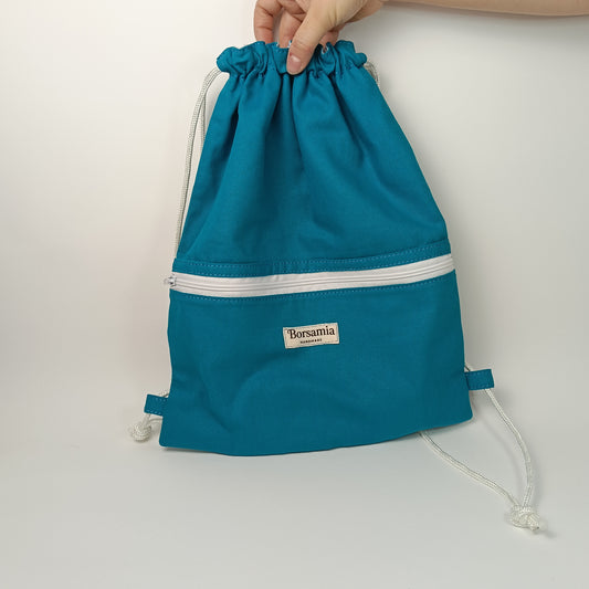 CLOE - Sacca Zaino Azzurra in Cotone Half Panama - Zainetto Artigianale con Tasca a Cerniera