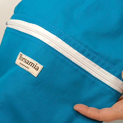 CLOE - Sacca Zaino Azzurra in Cotone Half Panama - Zainetto Artigianale con Tasca a Cerniera
