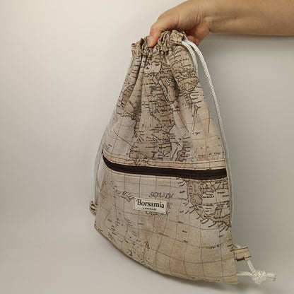 CLOE - Sacca Zaino Mappa Antica in Loneta - Zainetto Artigianale con Tasca a Cerniera - Prodotto artigianale