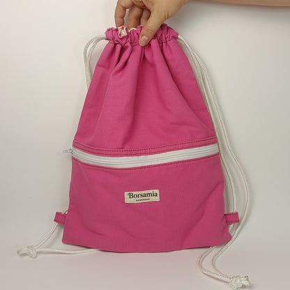 CLOE - Sacca Zaino Rosa Fucsia in Cotone - Zainetto Artigianale con Tasca a Cerniera