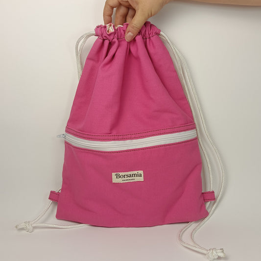 CLOE - Sacca Zaino Rosa Fucsia in Cotone - Zainetto Artigianale con Tasca a Cerniera