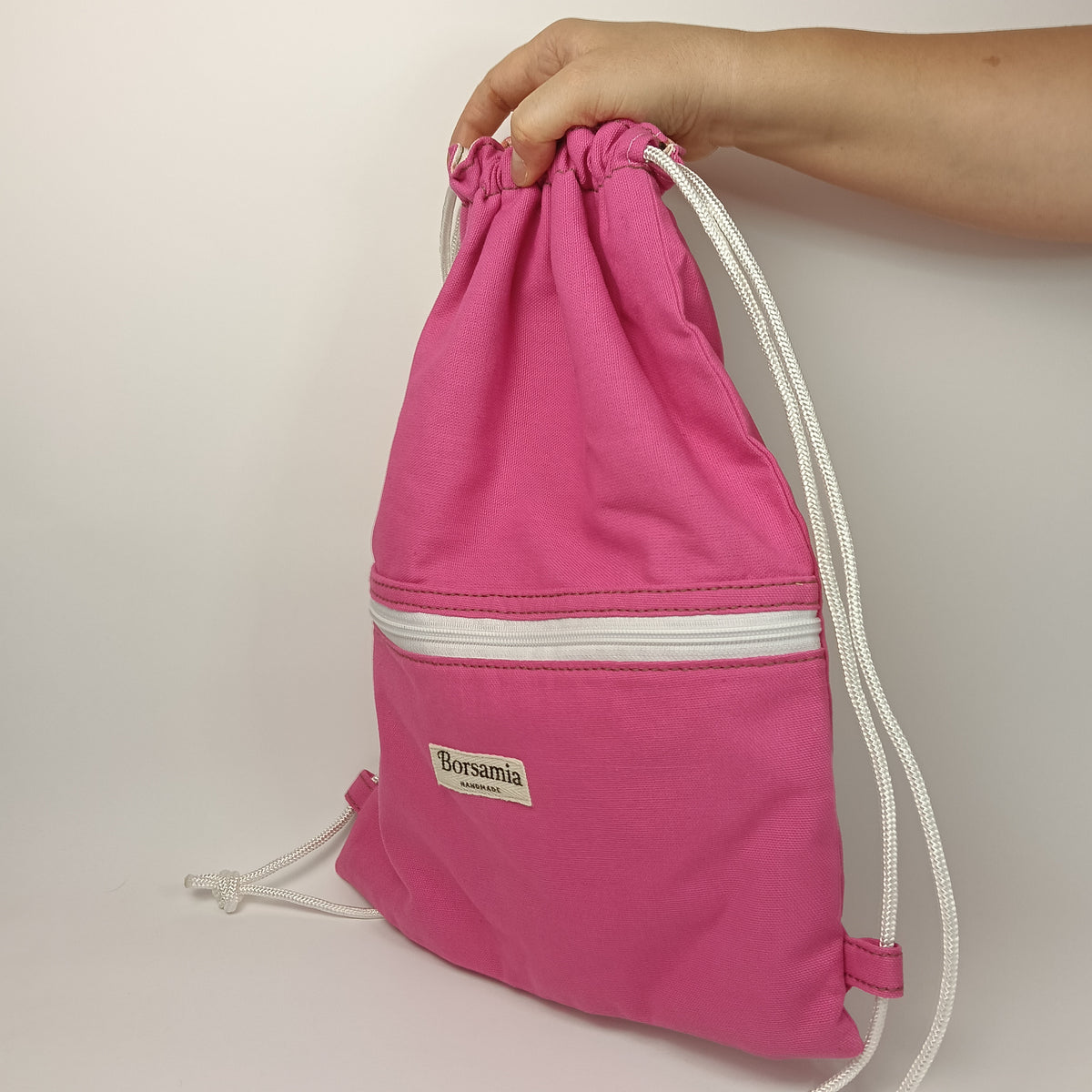 CLOE - Sacca Zaino Rosa Fucsia in Cotone - Zainetto Artigianale con Tasca a Cerniera