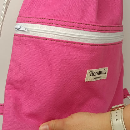 CLOE - Sacca Zaino Rosa Fucsia in Cotone - Zainetto Artigianale con Tasca a Cerniera