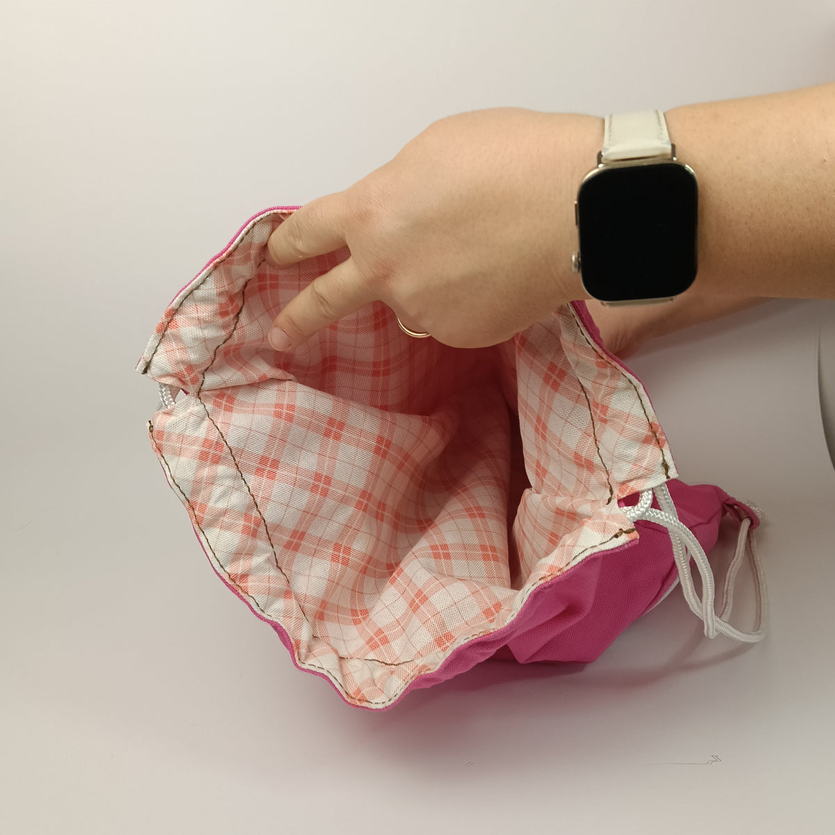 CLOE - Sacca Zaino Rosa Fucsia in Cotone - Zainetto Artigianale con Tasca a Cerniera