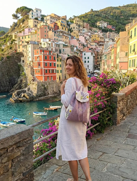 ELISA - Zaino fatto a mano da donna tessuto jacquard rosa e stampa lavanda- Prodotto artigianale