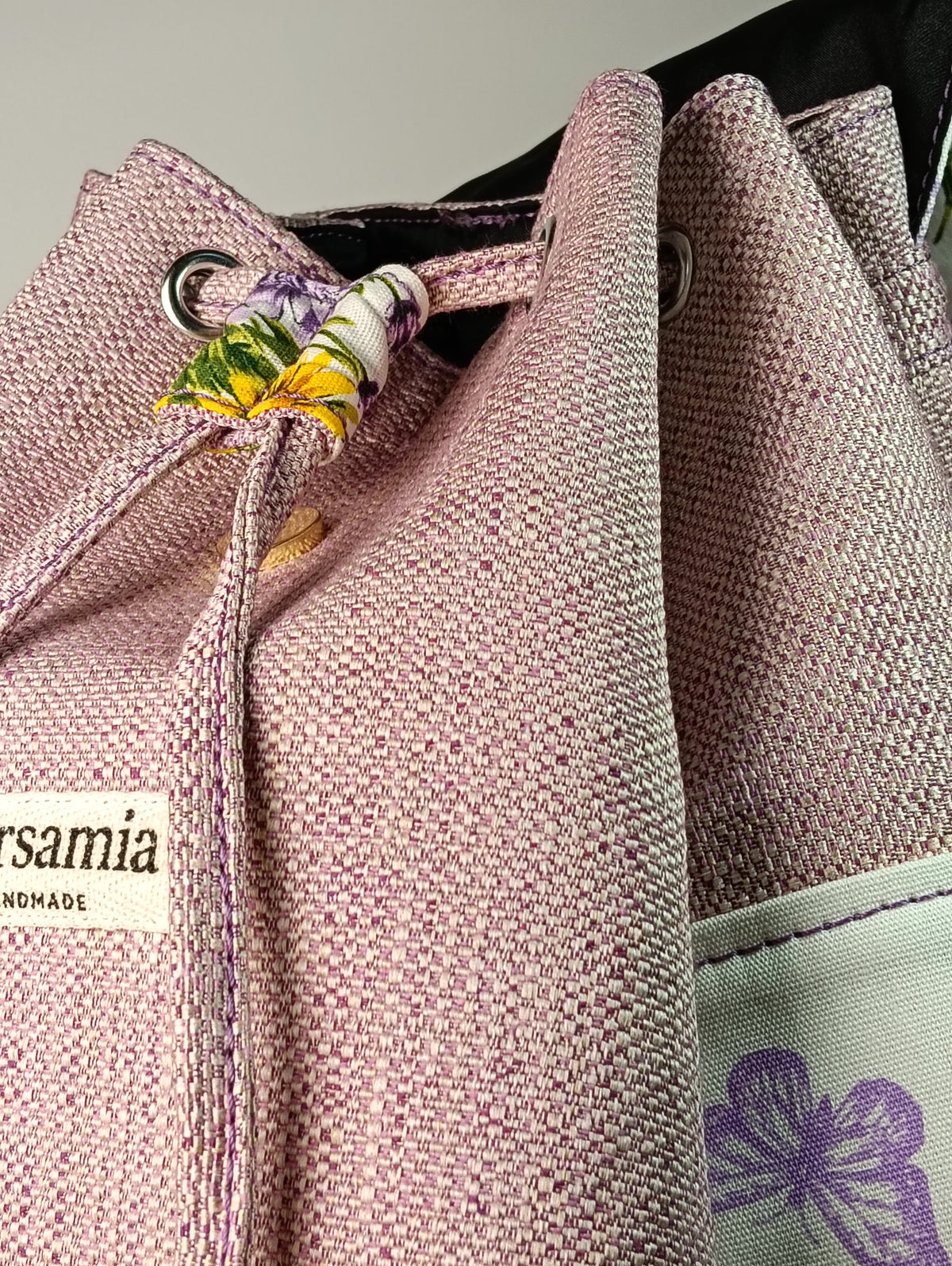 ELISA - Zaino fatto a mano da donna tessuto jacquard rosa e stampa lavanda- Prodotto artigianale