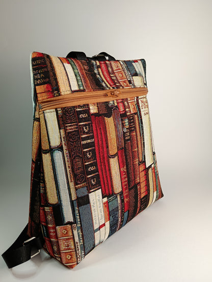 EMMA - Zaino fatto a mano da donna tessuto jacquard motivo libri- Prodotto artigianale