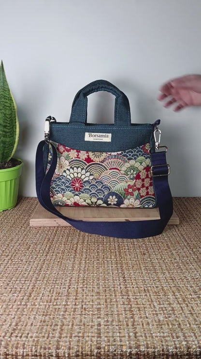 ESTER - Borsa strutturata fatta a mano in tessuto jacquard onde giapponesi- Prodotto artigianale