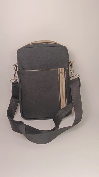 BORSELLO - Uomo in Canvas Nero - Borsa a Tracolla Multitasche con Dettagli Beige - Prodotto artigianale