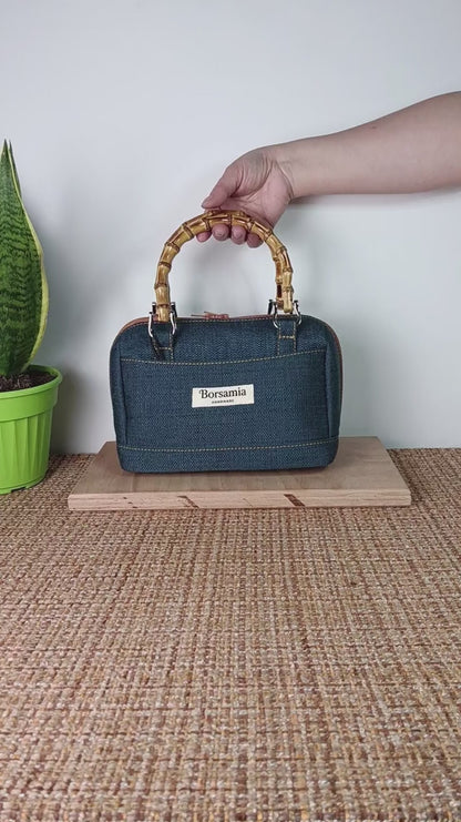PAOLA - Borsa bauletto fatta a mano in tessuto jacquard colore petrolio - Prodotto artigianale