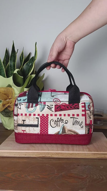 PAOLA - Borsa bauletto fatta a mano con tessuto stampato caffè - Prodotto artigianale