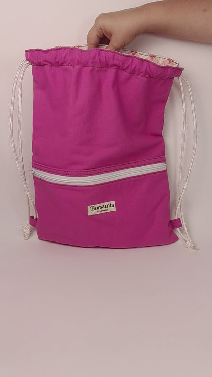 CLOE - Sacca Zaino Rosa Fucsia in Cotone - Zainetto Artigianale con Tasca a Cerniera
