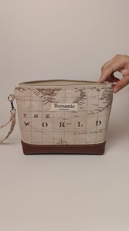 ELENA - Pochette da Polso Mappa Vintage e Pelle Sintetica Marrone - Prodotto artigianale