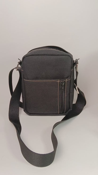 BORSELLO - Versione piccola - Tracolla Nero in Canvas con Impunture Beige - Borsello Artigianale