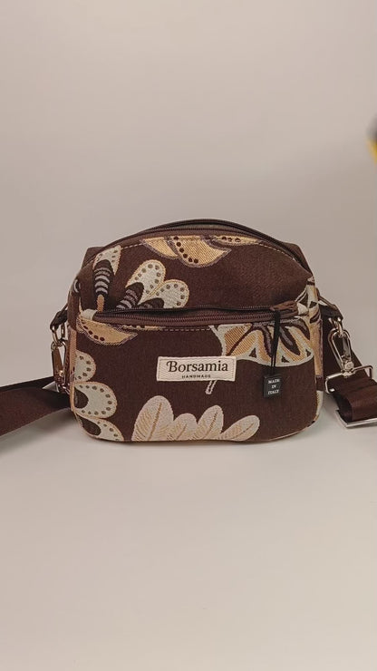 CELESTE - Borsa a Tracolla Marrone in Jacquard Gobelin Motivo Foglie - Prodotto artigianale