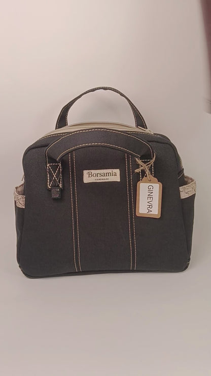 GINEVRA - Borsa a Mano in Canvas Nero con Fodera Mappa Vintage - Prodotto artigianale