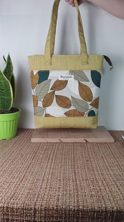 ANITA - Borsa tote bag fatta a mano tessuto jacquard giallo e tessuto stampato - Prodotto artigianale