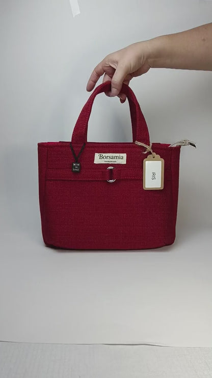 IRIS - Borsa tote bag fatta a mano con tessuto jacquard colore rosso - Prodotto artigianale