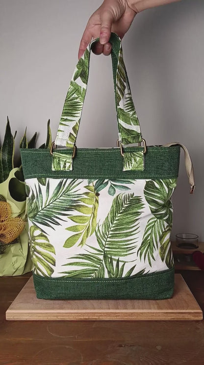 ANITA - Borsa tote bag fatta a mano tessuto jacquard e stampa natura - Prodotto artigianale