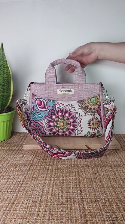 ESTER - Borsa strutturata fatta a mano tessuto jacquard rosa - Prodotto artigianale
