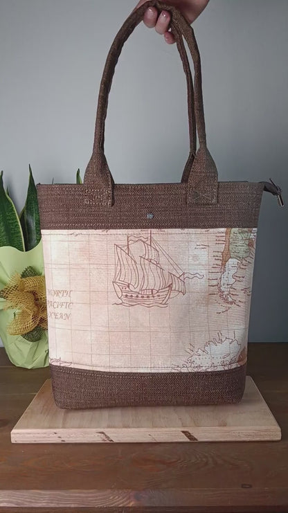 ANITA - Borsa tote bag fatta a mano tessuto stampato mappa antica - Prodotto artigianale