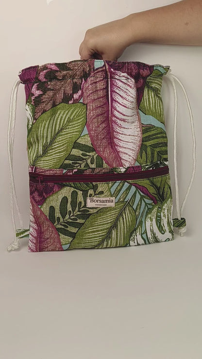 CLOE - Sacca Zaino Floreale Tropicale in Loneta - Zainetto Artigianale