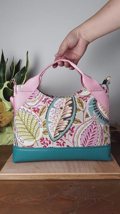 ELEONORA - Borsa a mano con tracolla fatta a mano tessuto stampato e pelle sintetica colore petrolio - Prodotto artigianale